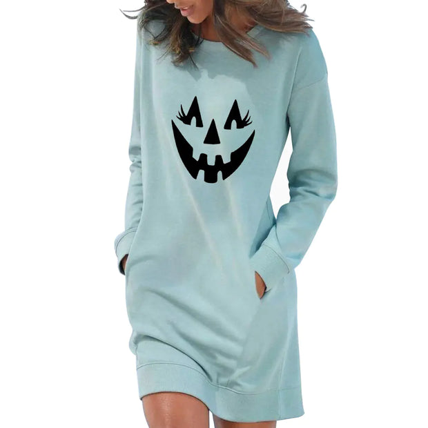 "Halloween Pumpkin Print Loose Long Sleeve Dress for Women"