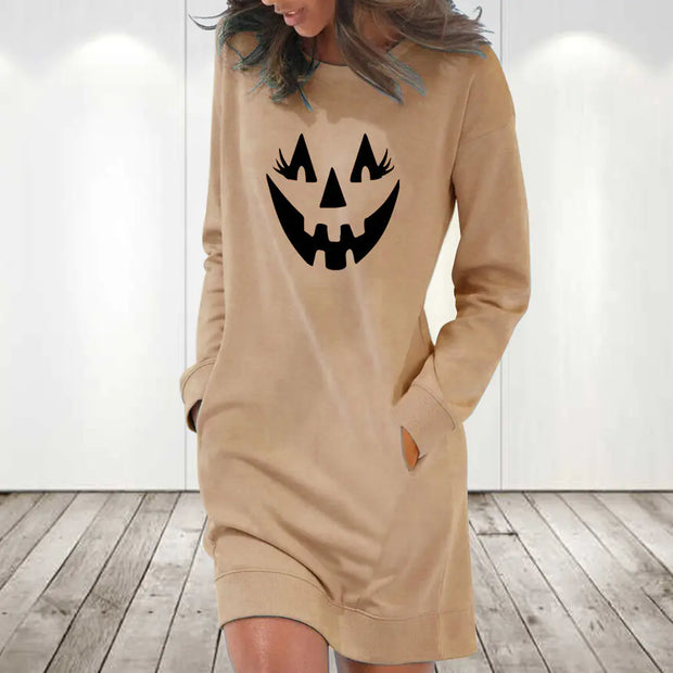 "Halloween Pumpkin Print Loose Long Sleeve Dress for Women"