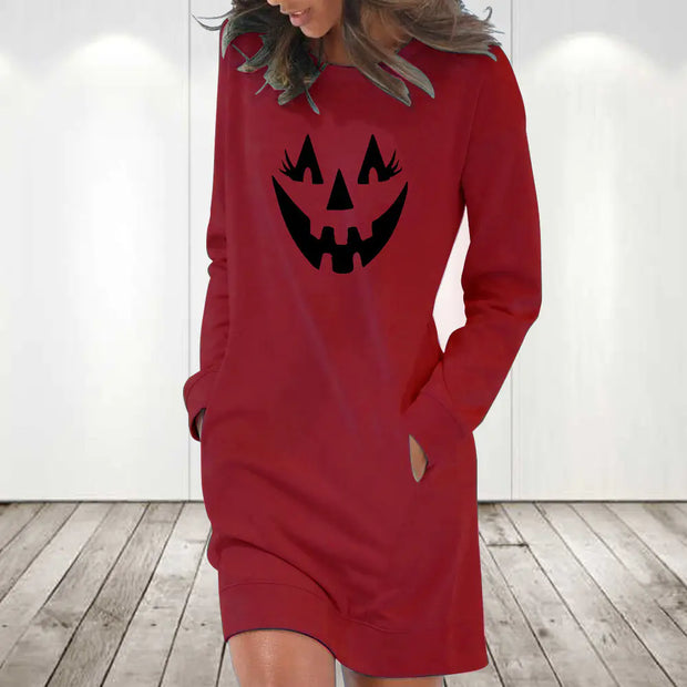 "Halloween Pumpkin Print Loose Long Sleeve Dress for Women"