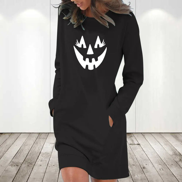 "Halloween Pumpkin Print Loose Long Sleeve Dress for Women"