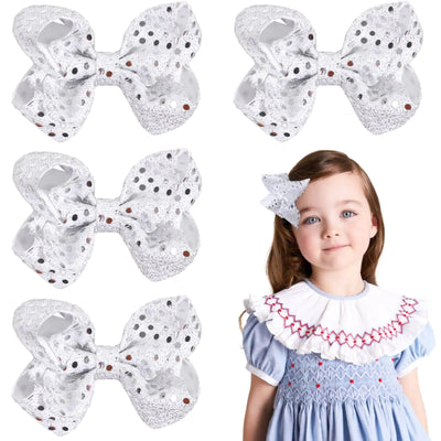 Oaoleer 4PCS Hair Bows for Girls Clips 4.5inch Glitter Grosgrain Ribbon Bows Hair Alligator Clips Hair Barrettes Hair Accessories for Girls Toddler Infants Kids Teens Children (White)
