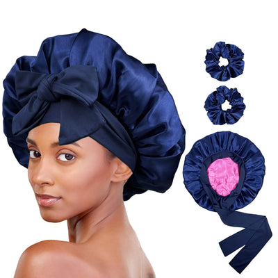Luxe Louise Satin Bonnet for Sleeping Silk Hair Bonnet for Sleeping Women Double Layer Silk Hair Wrap Sleep Bonnet Satin Bonnet for Curly Hair and Braids (Navy)