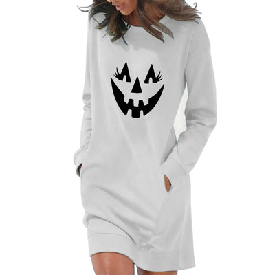 "Halloween Pumpkin Print Loose Long Sleeve Dress for Women"