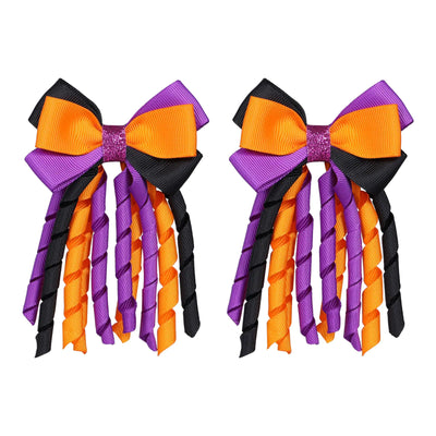 Halloween Hair Bow Clips 3 Inch Curly Ribbon Hair Clips Handmade Kids Girls Trick or Treat Hair Accessories for Halloween Party Decor Black & Orange & Purple