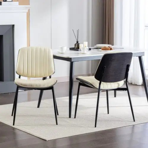 Dining Chairs Set Of 2 Mid Century Modern Retro Faux Leather Chair With Walnut Bentwood Back Upholstered Seat Metal Legs Adjustable Foot For Kitchen Dining Room Chairs