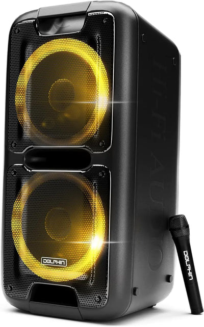 Dolphin BoxParty 2100 Portable Bluetooth Speaker System – Rolling Party Speaker with Sound-Activated Light Show Seamless Audio Sync Powerful X-Bass Dual 10" Woofers Long-Lasting Battery