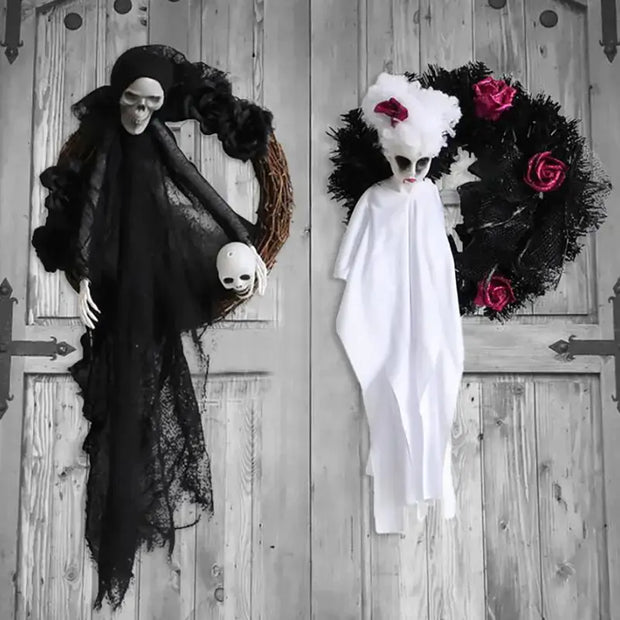 Black and White Ghost Door Hanging for Halloween Decor