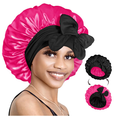 BONNET QUEEN Silk Bonnet for Sleeping Women Hair Bonnet REVERSIBLE Double Layer Satin Bonnet Tie Bonnet Sleep Satin Hair Wrap Night Cap For Curly Hair Black Hot Pink