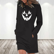"Halloween Pumpkin Print Loose Long Sleeve Dress for Women"